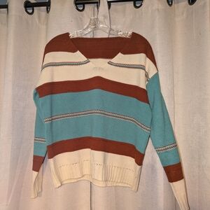 Striped V-Neck Sweater - Cream, Brown, and Blue